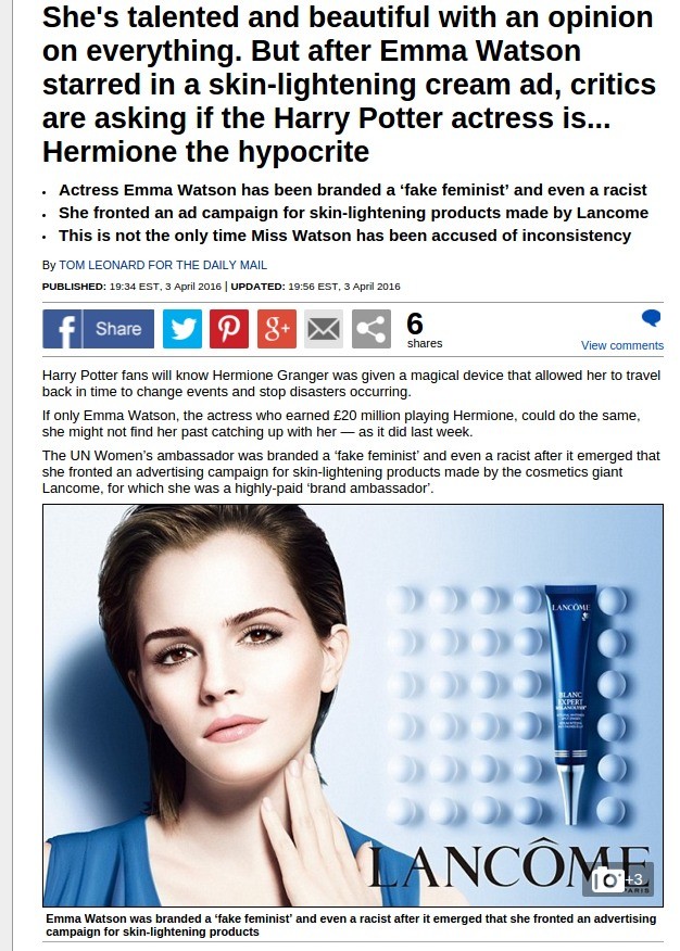 Emma Watson deemed for endorsing skin lightening cream